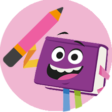 De avatar Folio (levend boek) die een potlood vasthoudt